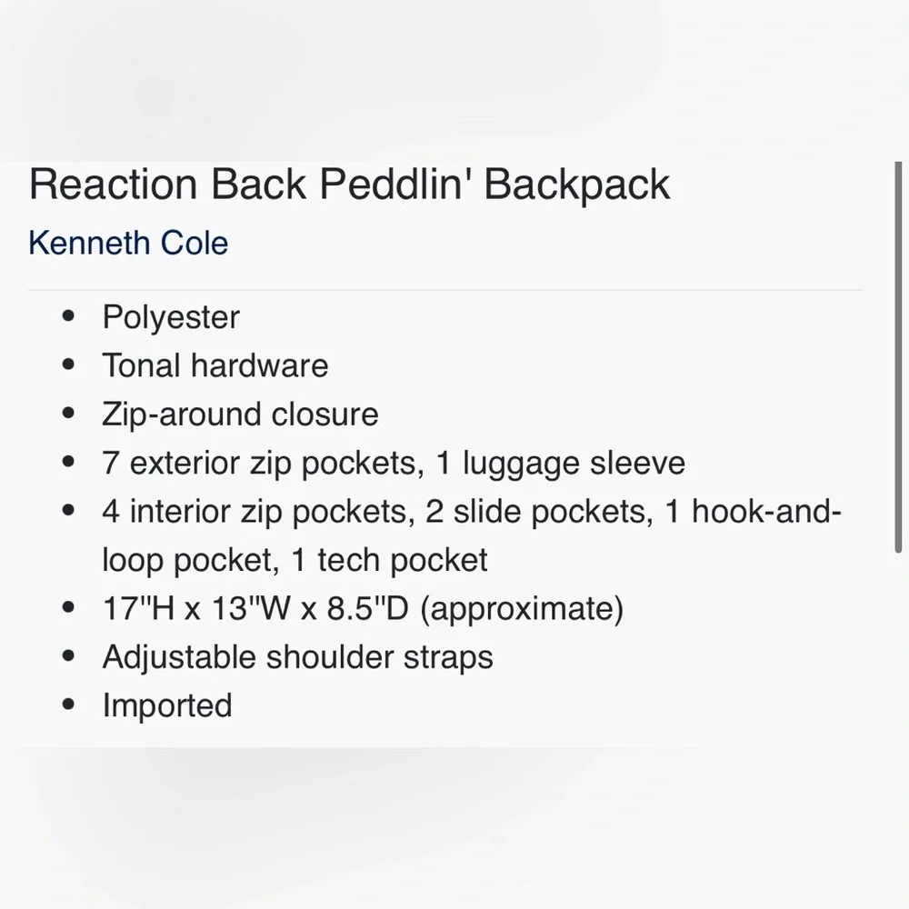 NWT: Kenneth Cole Reaction Back Peddlin’ Laptop Backpack